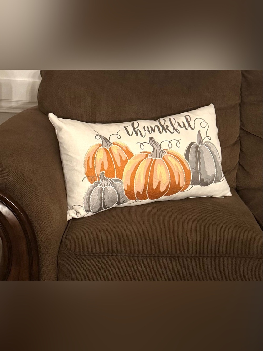 Envogue Harvest "Thankful" Feather Fill Embroidered Pumpkin Pillow 14x24